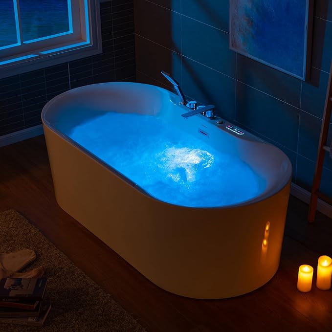 WOODBRIDGE 72" x 35-3/8" Whirlpool and Air Bath Heated Soaking Combination Tub with Adjustable Speed Air Blower, Tub Filler and Display Control Panel, White,BJ-600+F0041