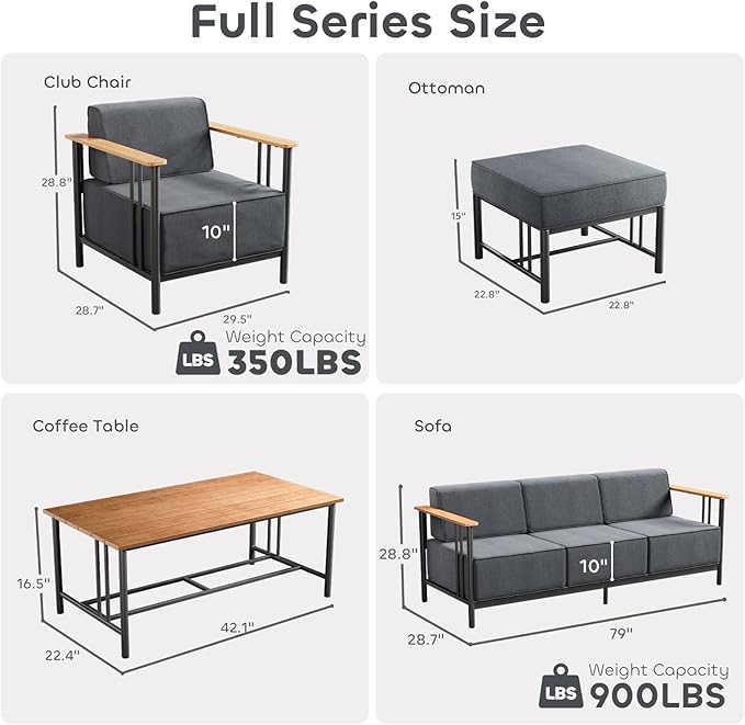 Luxury Patio Furniture Set with 10" Extra Thick Cushions, 6 PCS Outdoor Furniture Set with Patio Chairs & Couch & Coffee Table, Suitable for Porch, Balcony, Deck, Yard, Poolside, Black/Grey