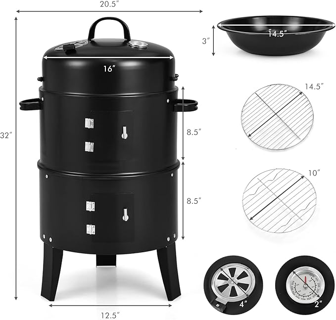 HAPPYGRILL 3-in-1 Charcoal Smoker Grill, Outdoor Vertical Charcoal Smoker with Built-in Thermometer & Adjustable Vent System, 2-Layer Separable BBQ Grills for Camping & Family Cooking