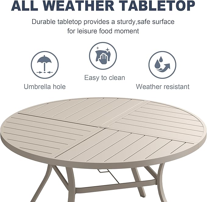 VICLLAX Round Patio Dining Table, 6-8 Person Metal Outdoor Dining Table with Umbrella Hole and Storage Shelf for Garden Lawn Deck, 53" Sandshell