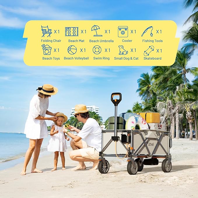 Litheli Electric Wagon Cart with 1 Battery, All-Terrain Wheels & Variable Speed | 200L Capacity, 300 lbs Heavy-Duty Utility Wagon for Camping Beach Garden Shopping, SE-Beige