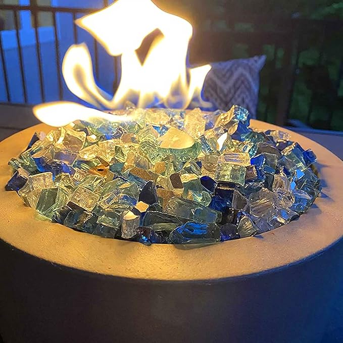 Grisun 10 Pound Fire Glass for Fire Pit - 1/2 inch Reflective Fire Glass Rocks, Decorative for Fireplace and Fire Table, Blend of Cobalt Blue, Caribbean Blue and Platinum