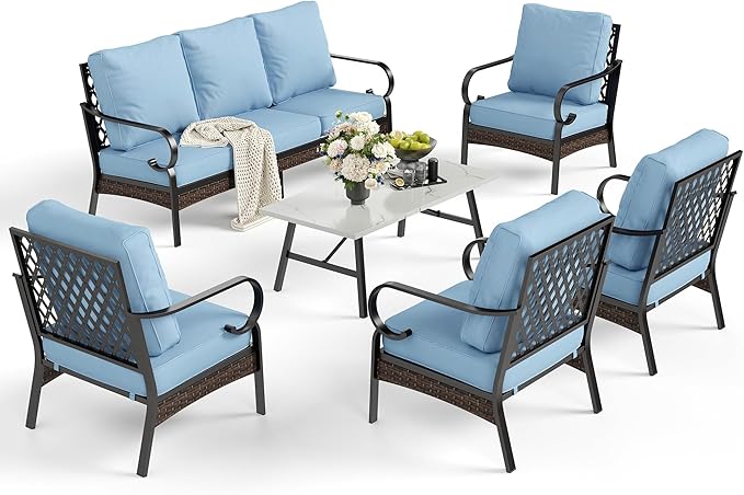 SUNSHINE VALLEY 6 Piece Metal Outdoor Patio Furniture Sets, Patio Conversation Sets 1 3-Seater Sofa, 4 Single Sofa with 5.75" Extra Thick Cushion & Coffee Table, Black Frame Backyard Furniture, Blue