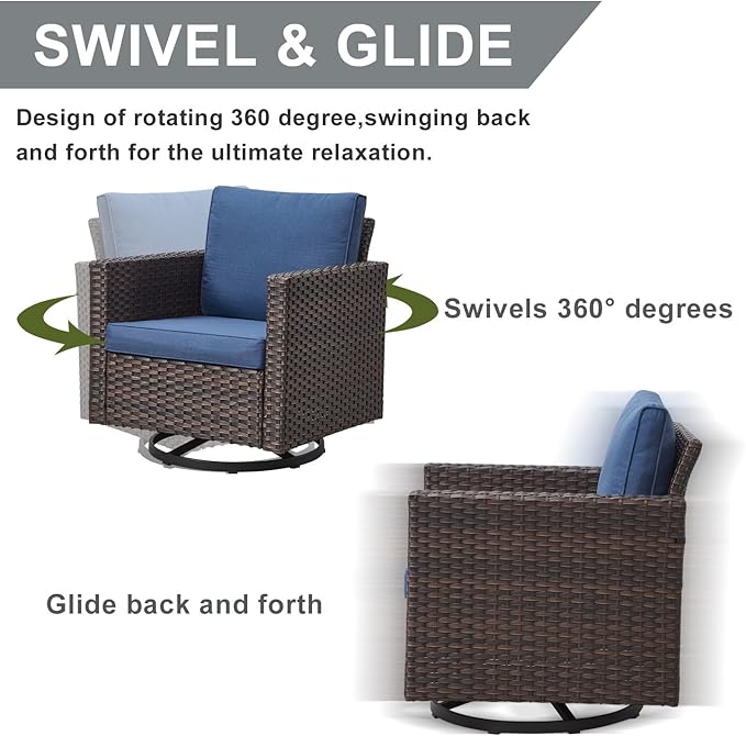 HUMMUH Patio Swivel Chairs Set of 2,PE Wicker Outdoor Rocker Chairs Bistro Set Porch Balcony Furniture with Cushions