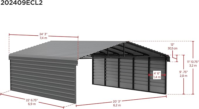 Arrow Carports Galvanized Steel Carport, with 2-Sided Enclosure, Compact Car Metal Carport Kit, 20' x 24' x 9', Charcoal