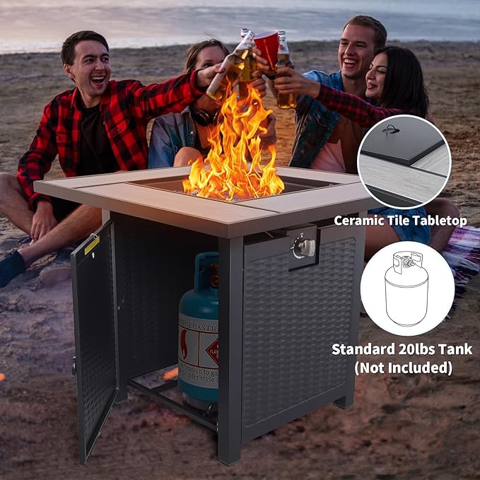 WAROOM Outdoor Propane Fire Pit for Outside, 30 Inch 50,000 BTU Steel Square Gas Firepit Table with Fire Glass and Furniture Cover, for Parties and Gatherings on Patio Garden Backyard Porch