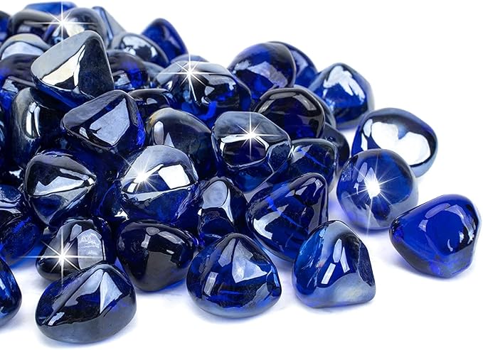 onlyfire 10-Pounds Fire Glass Diamonds for Propane Fire Pit, 1 Inch Reflective Firepit Glass Rocks Stones for Gas Fireplace and Fire Pit Table, Cobalt Blue