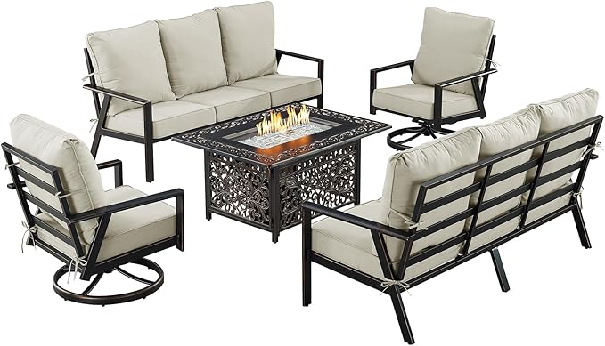 Oakland Living Black Aluminum Patio Fire Table Set with Two Deep Seating Sofa with Cushions and Two Club Chairs with Light Grey Cushions