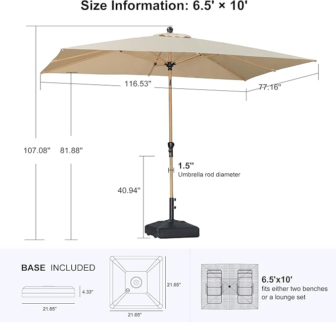 PURPLE LEAF 6.5' x 10' Outdoor Umbrella with Base Patio Umbrella Rectangular Outdoor Table Umbrella with Push Button Tilt & Crank and 8 Ribs Aluminum Market Umbrella for Backyard Deck, Beige