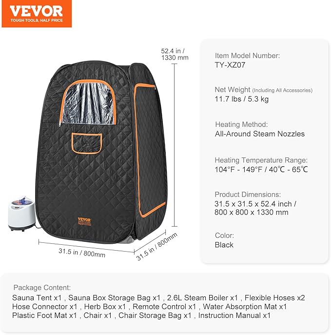 VEVOR Compact Portable Steam Sauna Tent, 1200W Sauna with Chair & Storage Bag, Home Sauna Tent for Detox Relaxation, Time & Temperature Remote Control Personal Sauna for Home, 2.6’x 2.6’x 4.3’