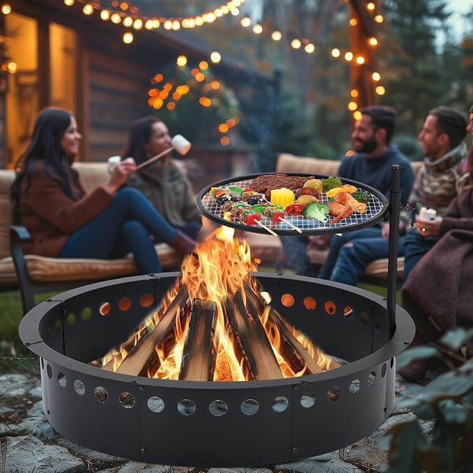 60 Inch Smokeless Fire Pit Ring with Grill Fire Ring for Outside Heavy Duty Metal Firepit Insert Round Steel Large Above/In-Ground Camping Firepit for Outdoor Camping Patio Picnic BBQ Garden