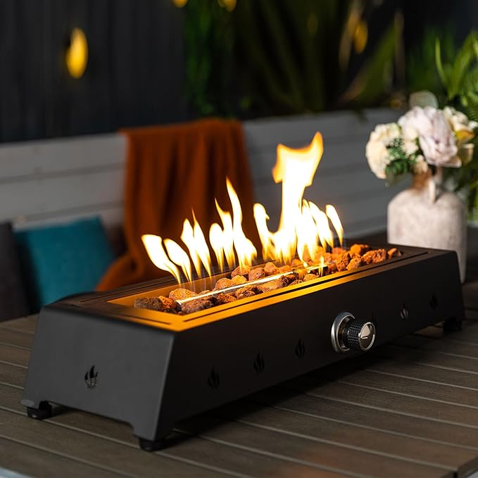 Zateety 28" Propane Gas Fire Pit Table - 40000 BTU Rectangular Alloy Steel FirePits, Anti-Rust Finish & CSA Certified with Glass Windshield and Lava Rocks for Outdoor Patio Deck Garden Balcony -Black