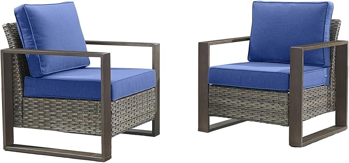 Rilyson Wicker Outdoor Patio Chairs Set of 2, Rattan Patio Furniture Chairs with Sturdy Frame,All-Weather PE Wicker,Wide Armrest,Deep Seating and Thick Cushions for Deck Porch Garden(Mixed Grey/Blue)