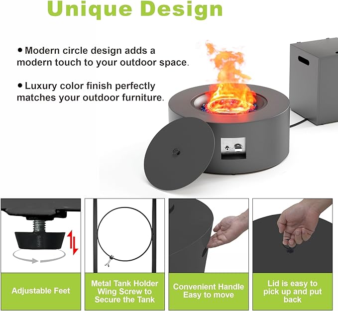 30" Round Propane Fire Pit Table - 50K BTU with Lid, Rocks Tank Storage and Cover - Round Gas Fire Pits for Outside Patio - Outdoor Table with Firepit (Grey, 30" Round)