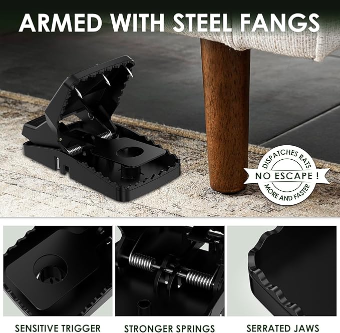 8-Pack Unstoppable Rat Trap with Steel Fangs, Stronger Large Mouse Snap Traps That Kill Instantly, Dispatch More Rodents Faster, Indoor & Outdoor Use and Reusable