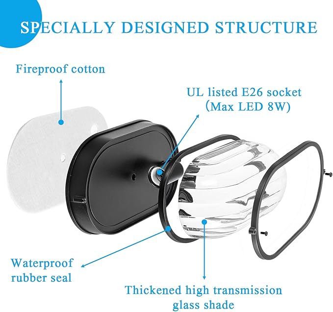 8.5 Inch Waterproof Bulkhead Light Fixture Black Bulkhead Wall Light Sauna and Dock Light with UL Listed Aluminum Frame and Thickened Clear Glass Shade 2 Pack