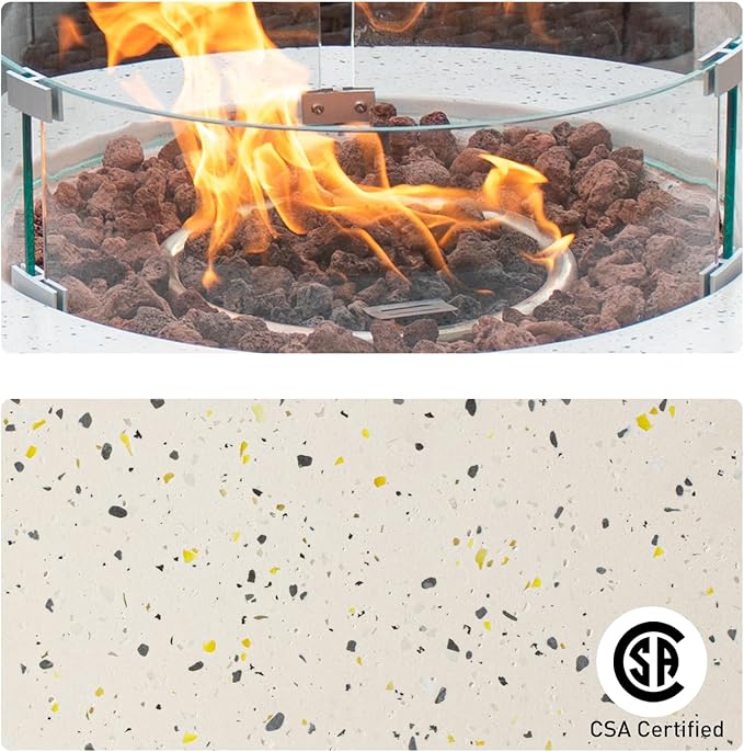 COSIEST Outdoor Propane Fire Pit Coffee Table, 28-inch Terrazzo Round Base Patio Heater, Certified, 40,000 BTU Stainless Steel Burner, Wind Guard, Free Lava Rocks, Waterproof Cover