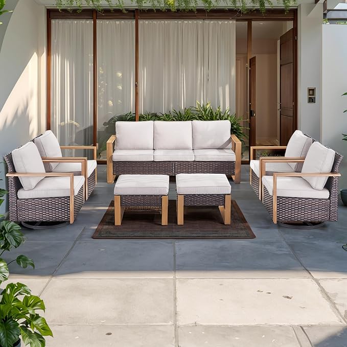 Rilyson Outdoor Wicker Patio Furniture Set - 7 Piece Patio Conversation Set with 4 Wicker Swivel Rocker Chairs,2 Rattan Ottoman and 1 Couch,Thick Cushions,Deep Seating,Wide Armrest(Brown/Beige)