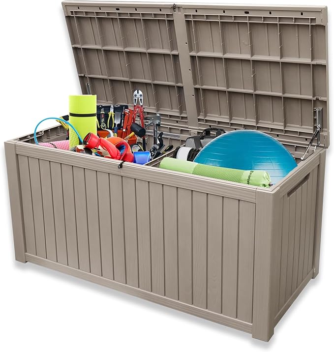 AJP Distributors 180 Gallon Outdoor Storage Box, Rain Waterproof Resin Deck Box, Lockable Large Storage Container for Patio Furniture, Cushions, Garden Tools, Sports Equipment and Pool Supplies Taupe