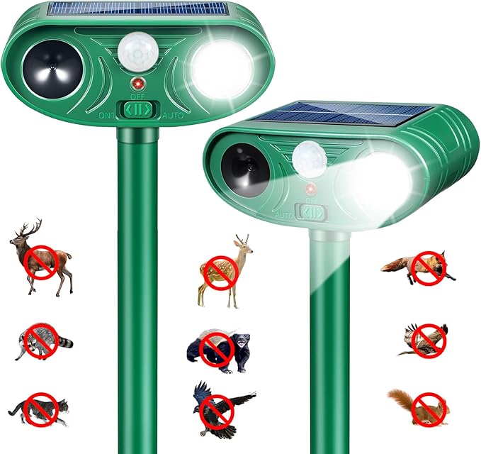 Solar Ultrasonic Animal Repellent Outdoor 2 Pack Cat Rabbit Squirrel Dog Deer Repellent Devices Coyote Skunk Raccoon Fox Deterrents Light Animal Repeller with Motion Sensor for Yard Garden
