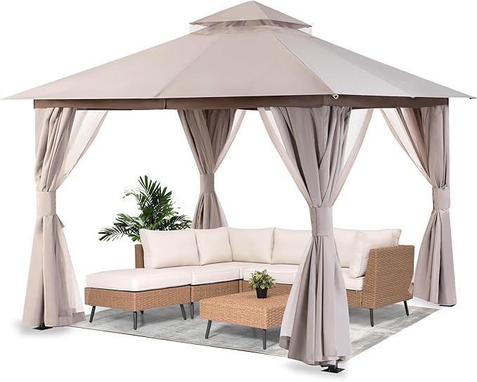 LAUSAINT HOME Outdoor Patio Gazebo 10'x10' with Expansion Bolts, Heavy Duty Party Tent & Shelter with Double Roofs, Mosquito Nettings and Privacy Screens for Backyard (Khaki)