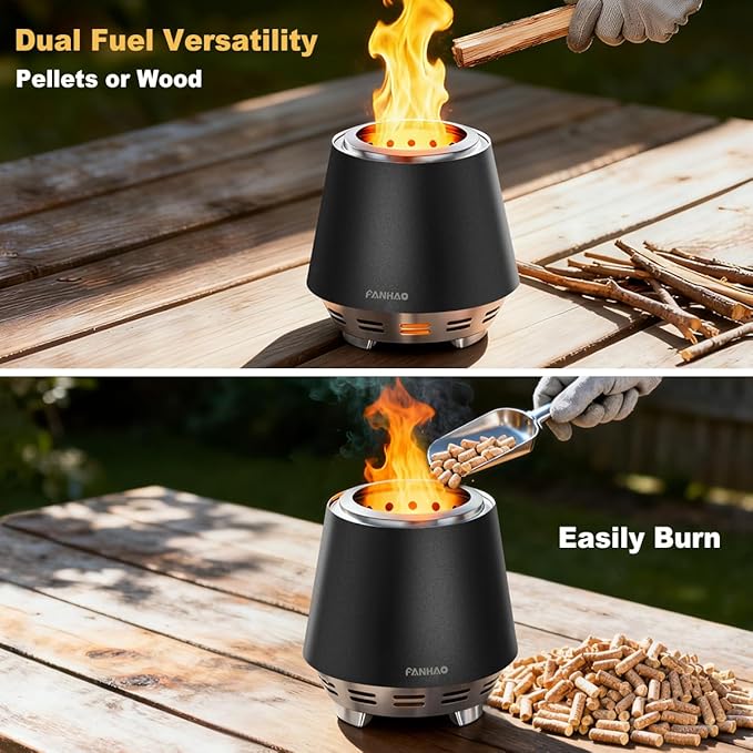 FANHAO Smokeless Tabletop Fire Pit with Stand, Stainless Steel Firepit for Camping, Outdoor & Patio, Wood Burning or Pellet Fueled Portable Bonfire with Carrying Bag | 120% More Efficient Burn