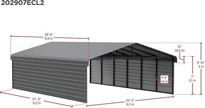 Arrow Carports Galvanized Steel Carport, with 2-Sided Enclosure, Compact Car Metal Carport Kit, 20' x 29' x 7', Eggshell