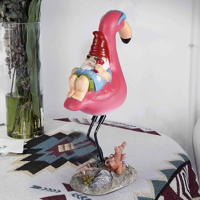 Jy.Cozy Gnome Garden Statue Funny Gnome Reclining on Flamingo Dwarf Figurines Resin Garden Gnomes Fall Decorations Outdoor for Patio Yard Lawn Porch Housewarming Ornament Gift