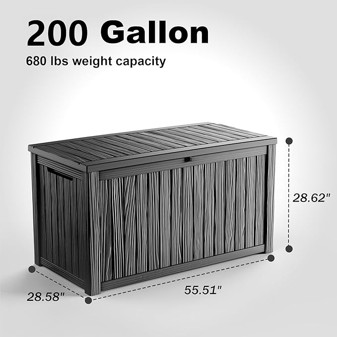 200 Gallon Outdoor Deck Box,Storage Lockable Waterproof Patio Furniture,Garden Tools,Cushions,Pool Accessories Outside Storage Resin Box(Black)