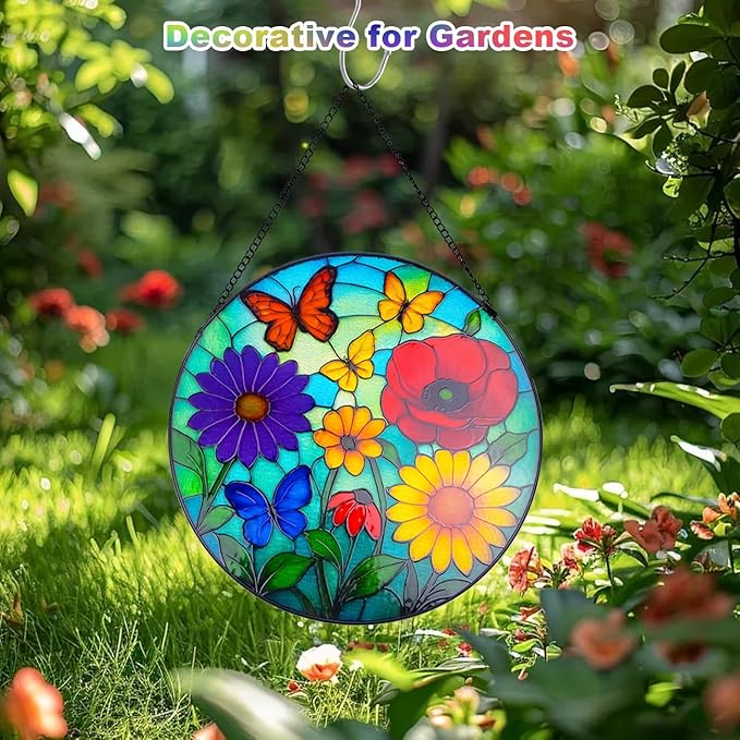 Wildflowers Stained Glass Window Hanging - Wildflowers Suncatcher for Indoor Window, Floral Stained Glass Decor for Garden, Home, Outdoor, Sun Catchers Birthday Gift for Women,Lovers and Mom 12 Inch