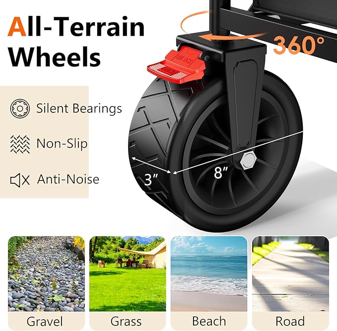 3 in 1 Collapsible Wagon with 300lbs Weight Capacity,150L Heavy Duty Utility Cart with Removable Canopy,with Big All-Terrain Beach Wheels & Drink Holders,Black