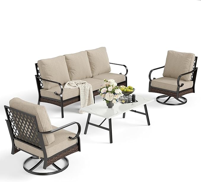SUNSHINE VALLEY 4 PCS Metal Outdoor Patio Furniture Set, Patio Conversation Sets 1 3-Seater Sofa, 2 Swivel Chairs with 5.75" Extra Thick Cushion & Coffee Table, Black Frame Backyard Furniture, Beige