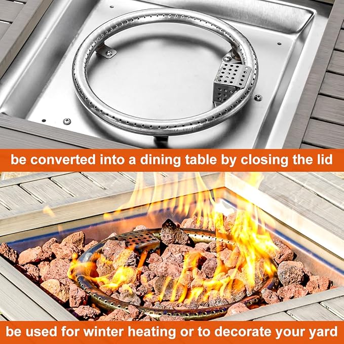 28 Inch Propane Fire Pit Table, Outdoor Gas Fire Pits with Lid & Lava Rock, 50000 BTU Firepit for Dinning, Party in Outside, Patio, Garden or Yard (Light Grey)