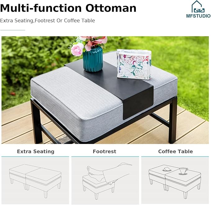 MFSTUDIO 6 Pieces Patio Furniture Sets with 45" Gas Fire Pit Table(Up to 7 Seat), Outdoor Metal Frame Patio Conversation Sofas with 1 x 3-Seat Sofa, 2 Rocking Chairs and 2 Ottoman, Grey Cushion