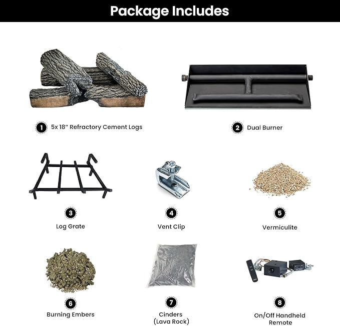 18" Premium Gas Logs - Remote Control Kit Included - for Liquid Propane Vented Fireplaces - Blazing Oak Design (Logs + Remote Light Kit)