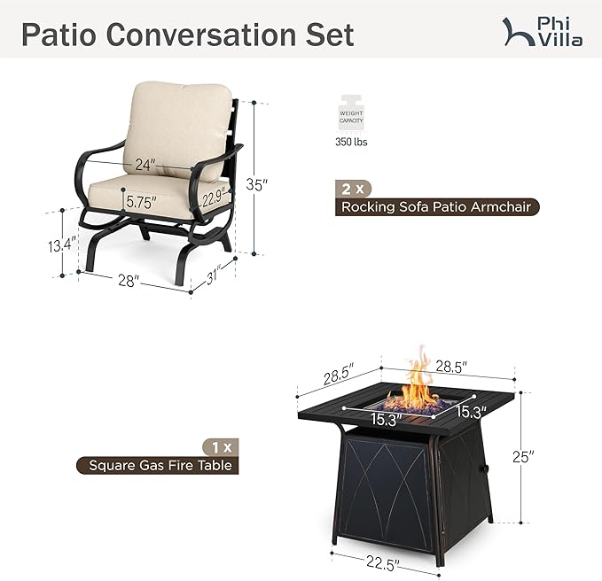 PHI VILLA 5 Piece Patio Furniture Set with 28" Firepit Table, 4 Outdoor 5.75" Cushioned Metal Frame C-Base Sofa Chairs & 28" Gas Firepit Table, Outside Furniture Set for Lawn Garden