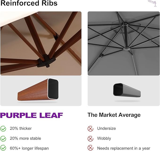 PURPLE LEAF Large 11ft Cream Cantilever Umbrella with Base, Windproof, UV Resistant Fabric