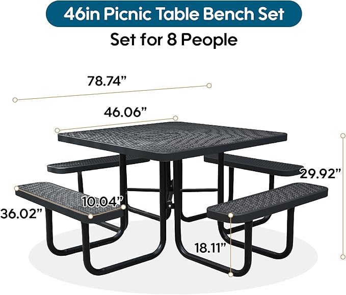 46Inch Square Picnic Table for 8 Person, Outdoor Heavy Duty Sturdy Picnic Tables with 4 Benches & Umbrella Hole, Commercial Metal Patio Picnic Table for Garden, BBQ, Coffee Store, Party, Porch (Black)