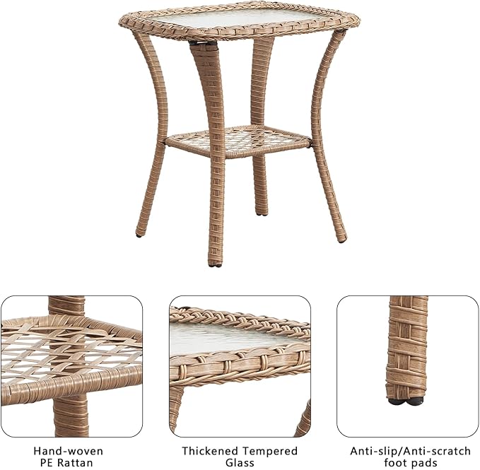 Rilyson Patio Tables Wicker Side Table - Rattan Coffee Tables with Glass Top End Table for Outdoor Outside Patio Porch Square Yellow