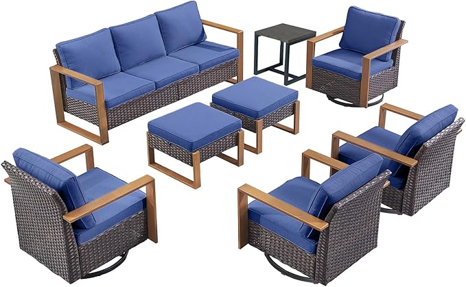Rilyson Outdoor Wicker Patio Furniture Set - 8 Piece Patio Conversation Set with 4 Wicker Swivel Rocker Chairs,2 Rattan Ottoman 1 Side Table and 1 Couch,Thick Cushions,Deep Seating(Brown/Blue)