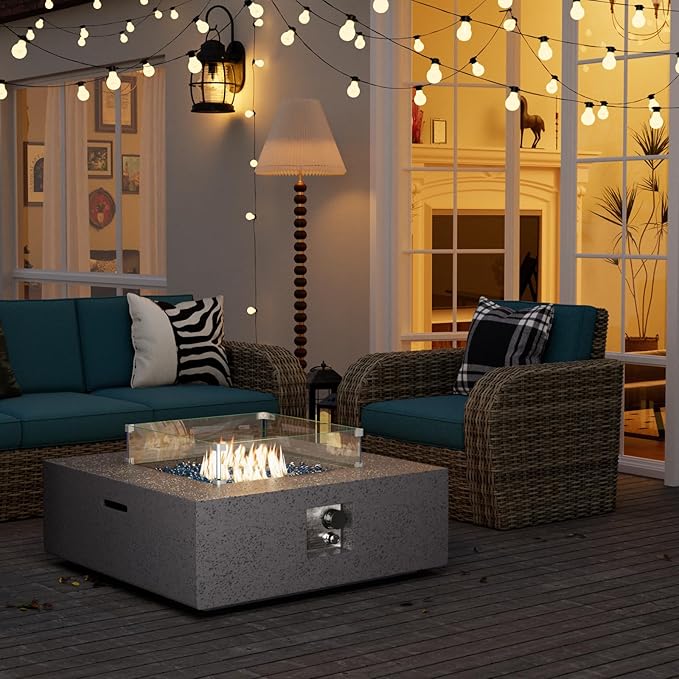 SUNBURY Outdoor Travertine Fire Pit Table, Burning Fire Pit, 35 inch Square Patio Fire Table 50,000 BTU FirePit for Outside with Waterproof Cover and Glass Stones, Light Gray