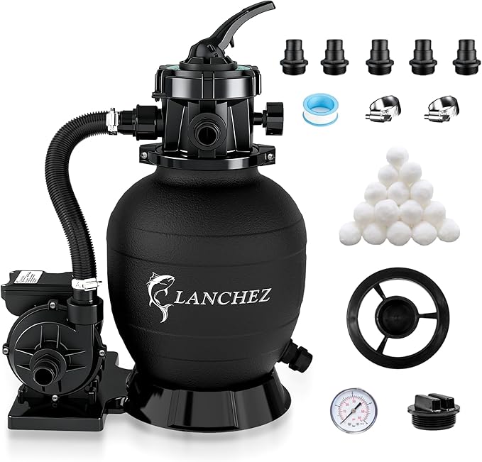 LANCHEZ 12" Sand Filter Pump for Above Ground Pool, 1/3 HP Pool Pump, Max 2400 GPH for Pools Up to 7,000 GAL, 6-Way Valve Pool Sand Filter System
