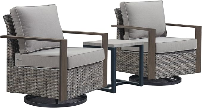 Outdoor Patio Swivel Rocker Chairs - 3 Piece Wicker Patio Furniture Bistro Set with 2 Swivel Rocking Chairs and 1 Metal Side Table,Thick Cushions,Deep Seating for Deck Porch Garden(Mixed Grey/Grey)