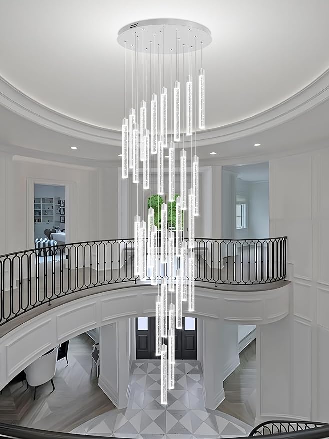 177'' Long Crystal Column Chandelier Silver 30-Light Extra Large Staircase Chandelier High Ceiling Dimmable LED Ceiling Lighting Foyer Entryway Light Source is Replaceable