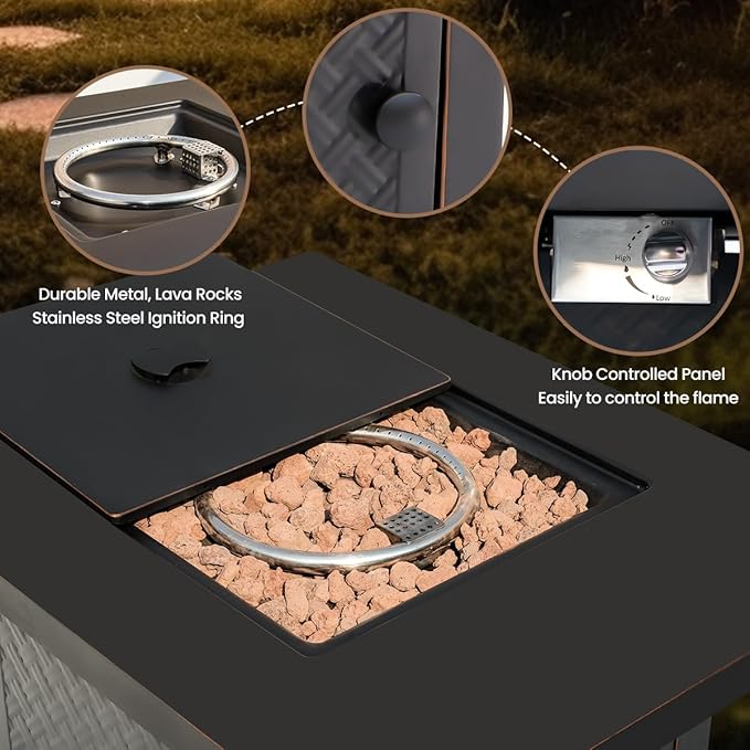 32'' Propane Fire Pit,50000 BTU Gas Firepit Table with 2 Drink Holders, Lid & Lava Rock,Outdoor Fire Pit Table for Dining or Party,Propane Firepits for Outside,Patio,Yard