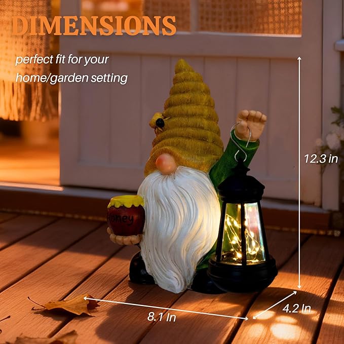 WONDHOME 12.3''Solar Garden Gnomes Outdoor Decor Honey Bee jar Gnome Statues with LED Lantern Xmas Patio Lawn Yard Art Decoration Birthday Christmas Gardening Gifts for Mom Dad, Bee Gnome