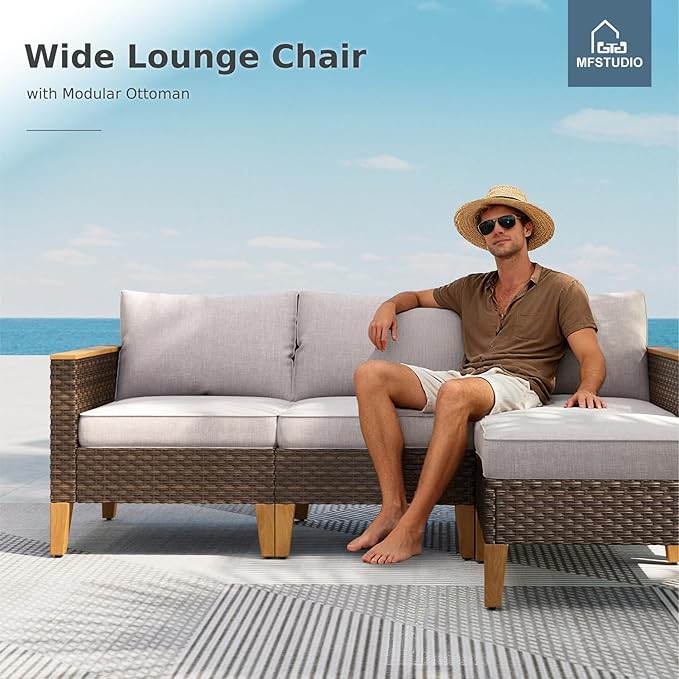 MFSTUDIO 10 Pieces Wicker Patio Furniture Set with 56" Fire Pit Table, Half-Moon Curved Outdoor Patio Sectional Sofas, Extra Large Rattan Outdoor Conversation Set for Garden, Backyard(Beige Cushion)