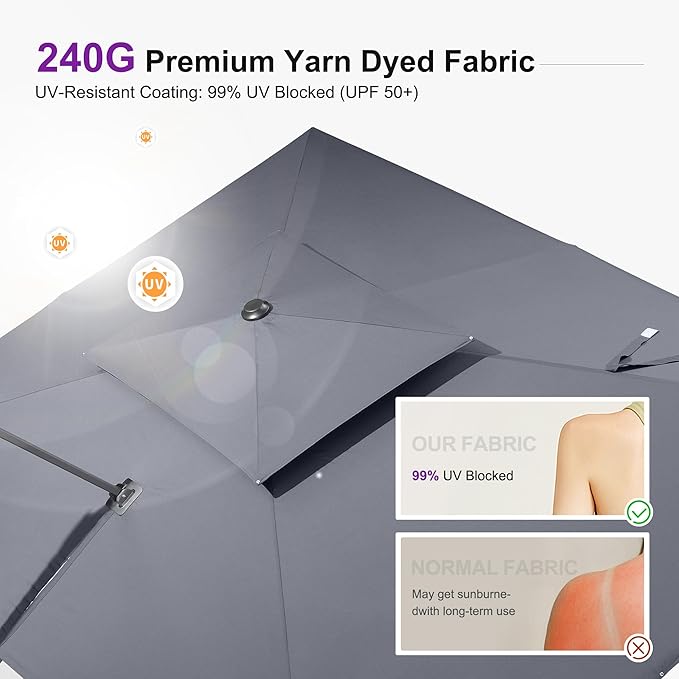 PURPLE LEAF Cantilever Umbrella - 10' x 13' Rectangle, Heavy Duty, Grey, for Patio, Deck, Garden, Pool
