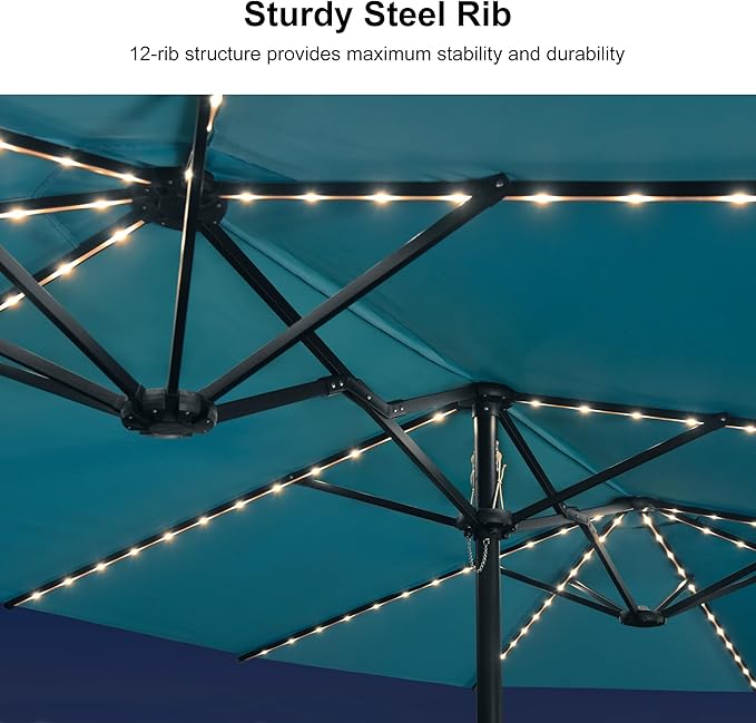 PURPLE LEAF 14ft Patio Market Umbrella with Solar LED and Base Double-Sided Rectangle Outdoor Table Sun Umbrellas with Crank for Pool Beach Deck Backyard Turquoise Blue