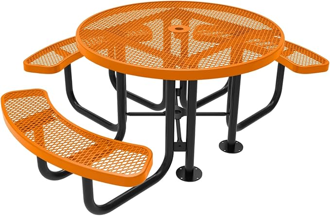COATEDOUTDOORFURNITURE Heavy-Duty Portable ADA-Compliant Outdoor Picnic Table with Umbrella Hole, Expanded Metal Patio Dining Furniture Made in America (46" Round Top, Textured Orange)